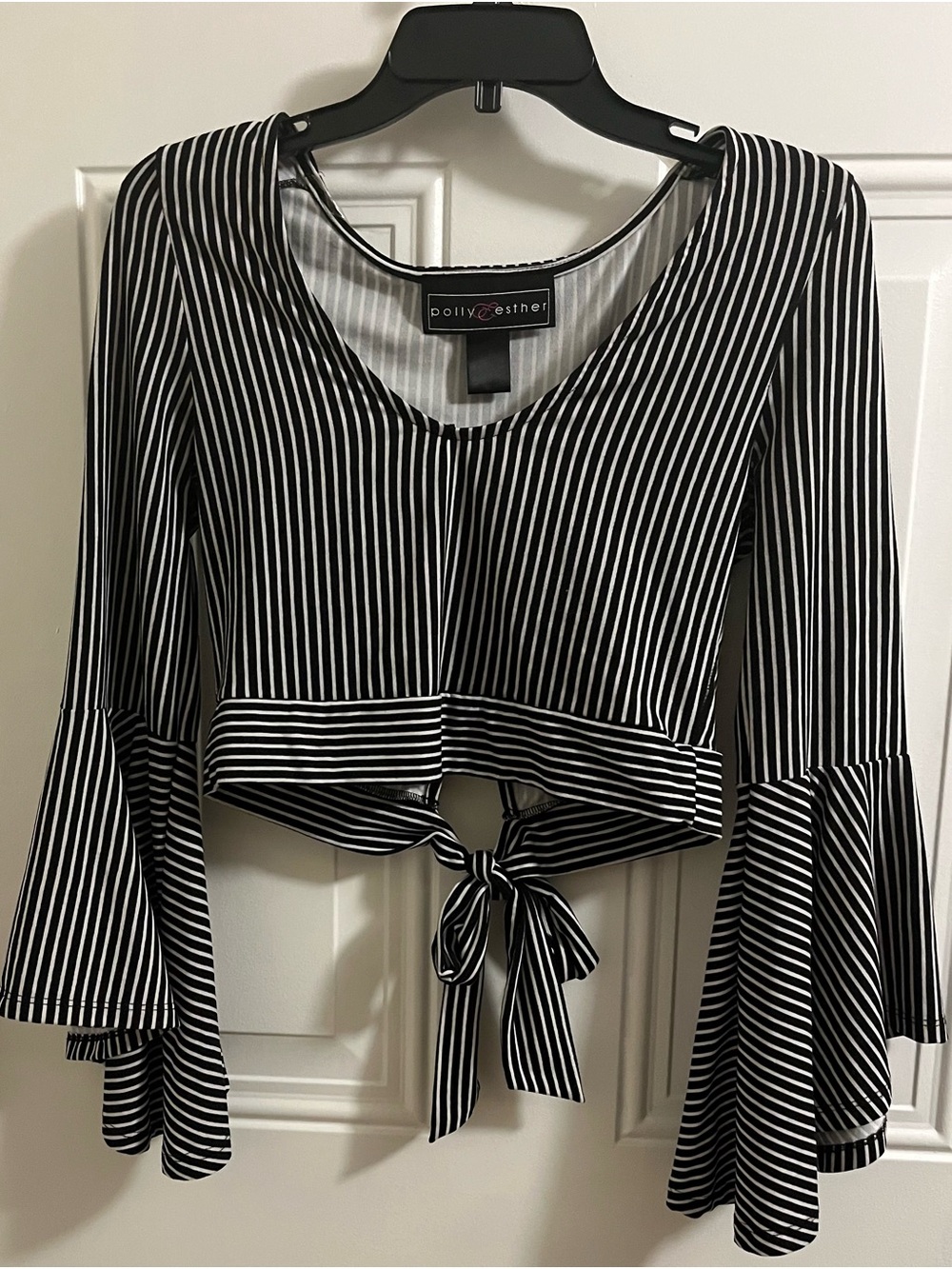 Polly & Esther Black and White Striped Tie-Back Bell Sleeve Crop Top